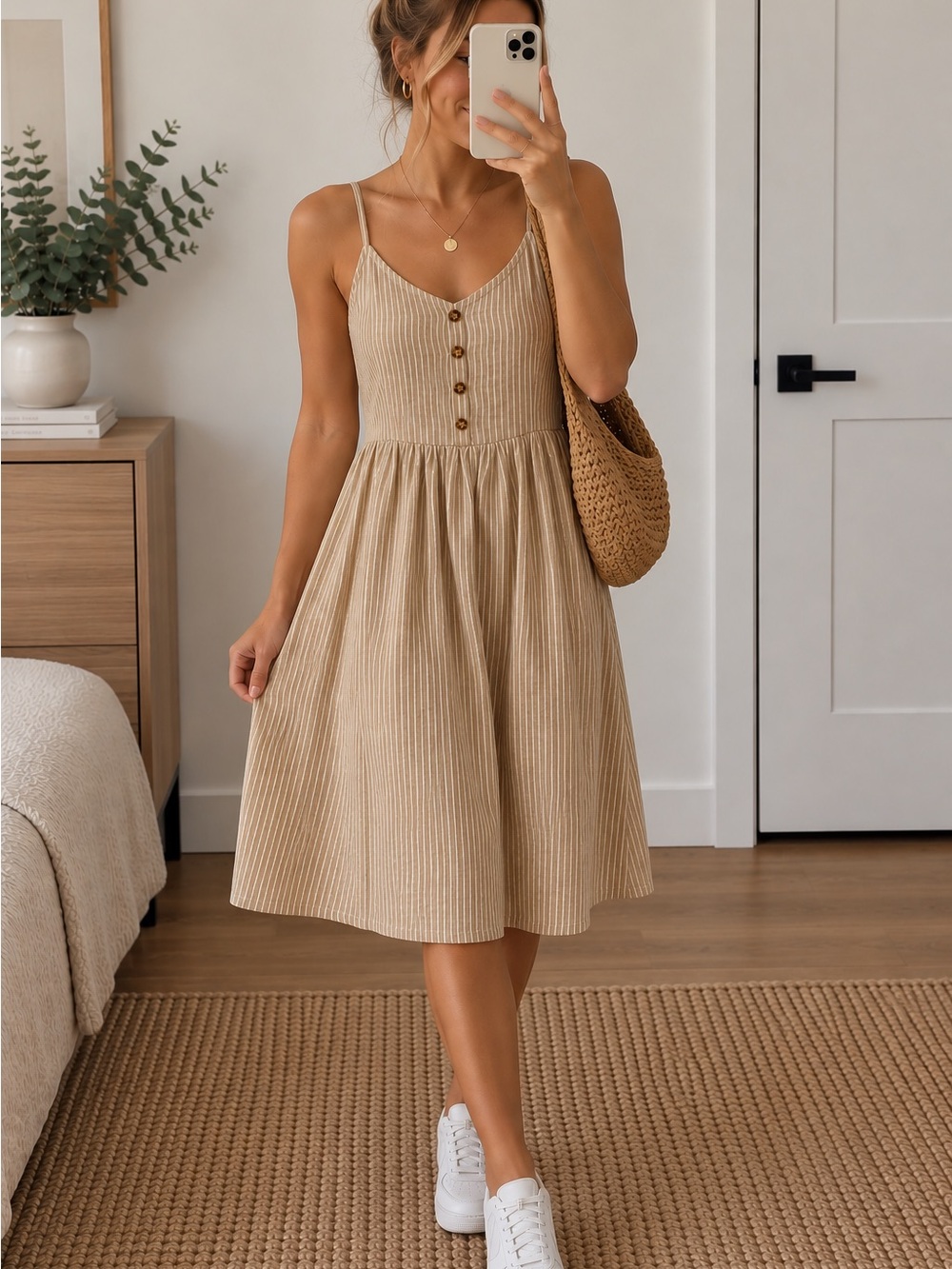 Volcom Tan Striped Button-Front Midi Sundress